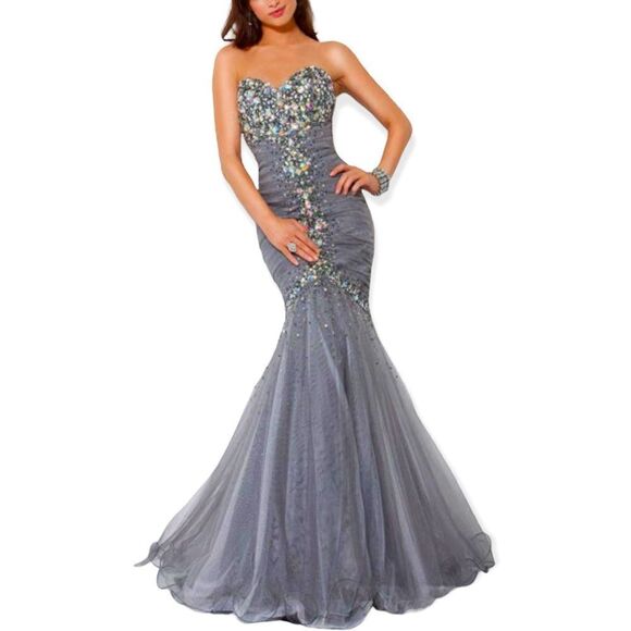 Jovani Pewter Beaded Strapless Prom Gala Pageant Mermaid Evening Gown Size 0 - Picture 1 of 17